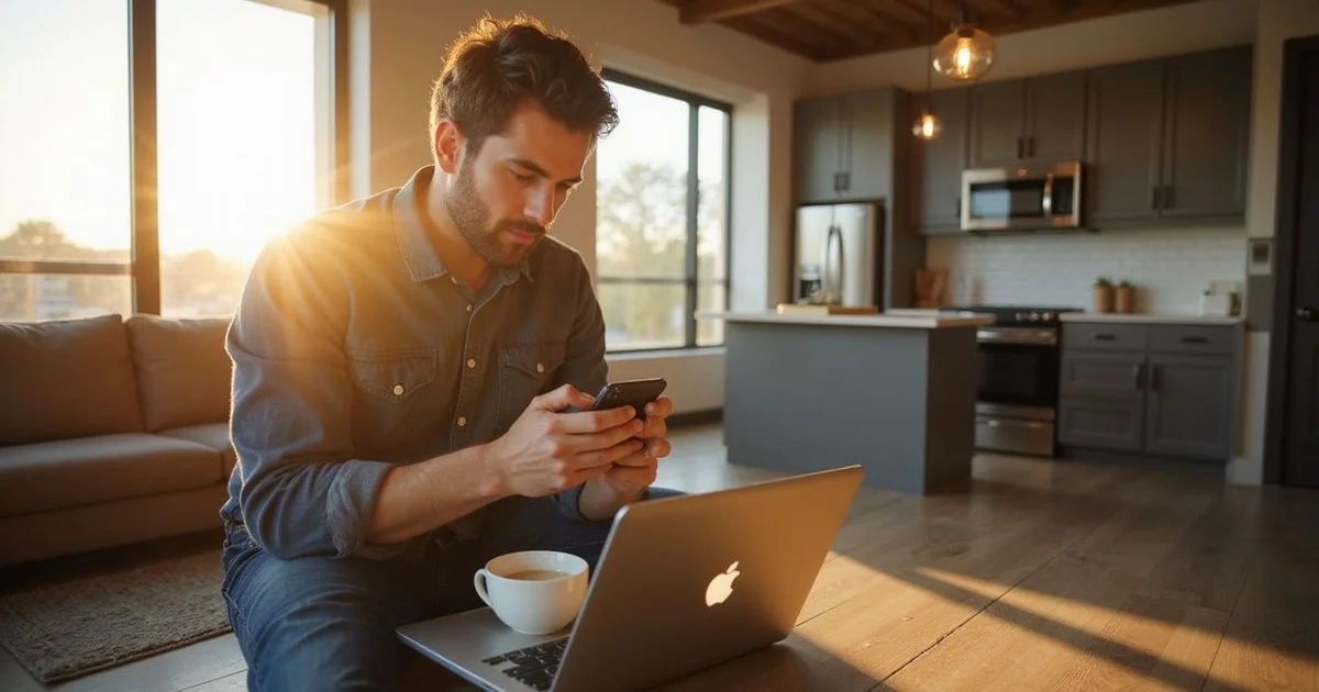 Renter reviewing guarantor options on a laptop in warm morning light