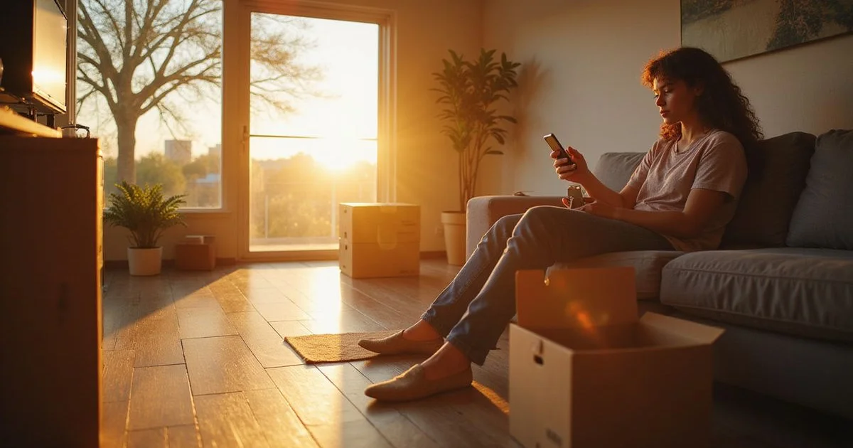 First-time renter with a checklist in a sunlit apartment with moving boxes