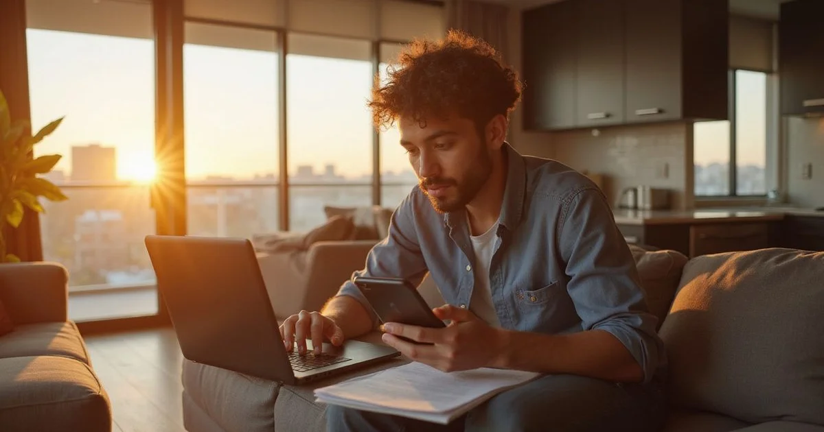 Young renter with paperwork and a laptop in a bright apartment