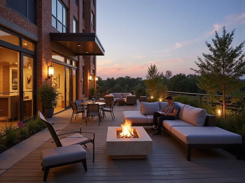Amenity deck of a Houston luxury building at dusk