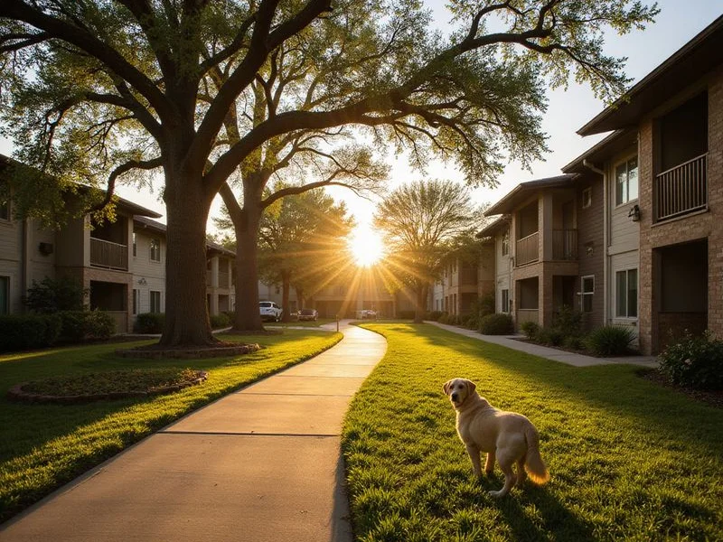 Apartment community courtyard with a dog walking path
