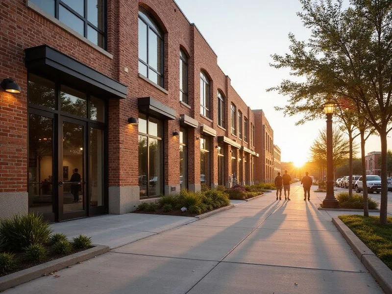 EaDo street with converted warehouse buildings at golden hour