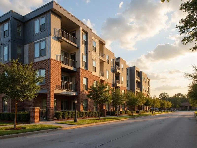 Energy Corridor apartment exterior in warm afternoon light
