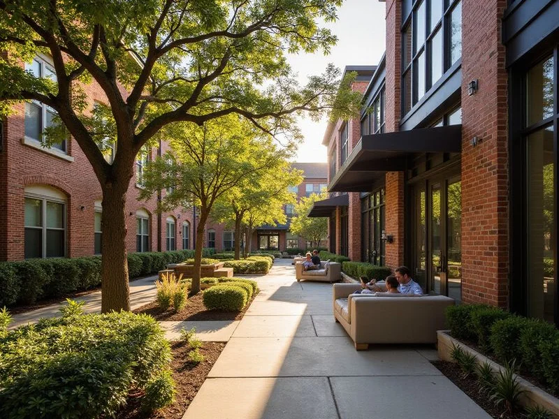 Mid-rise apartment courtyard with mature trees