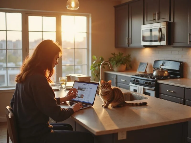 Pet owner reviewing lease costs with a cat nearby