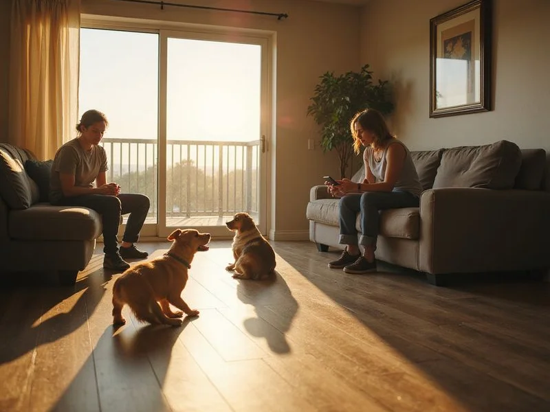 Two dogs in a sunlit apartment living room