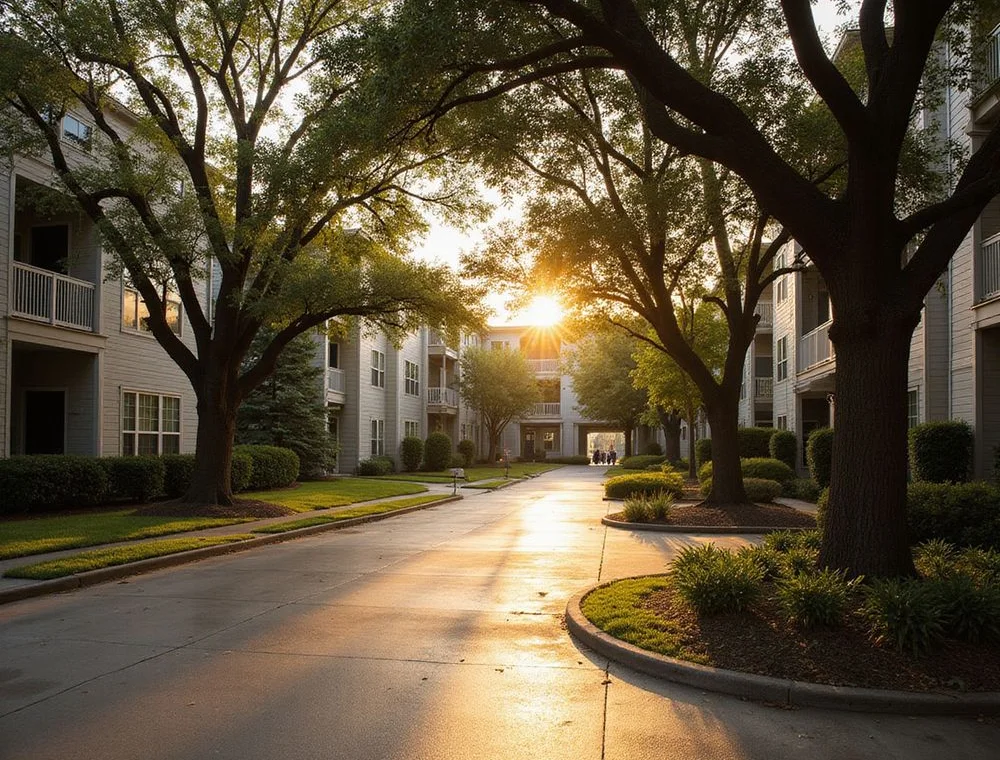 Houston apartment community exterior in warm afternoon light