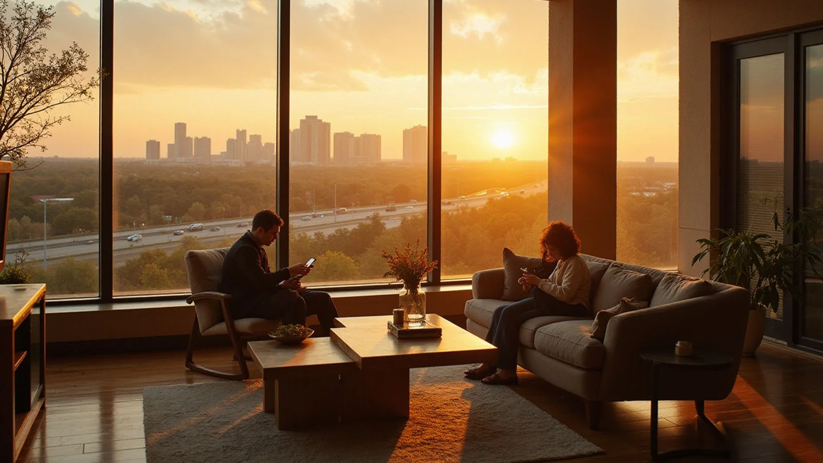 Houston freeway ring and skyline at golden hour