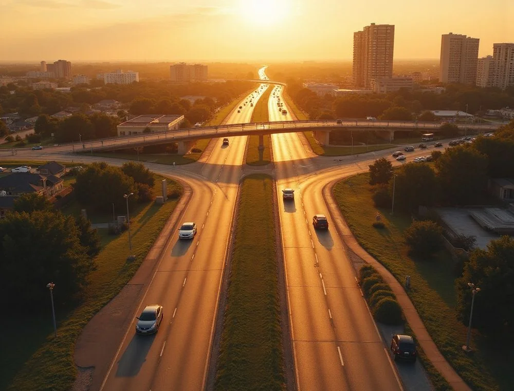 Houston I-610 and Beltway 8 freeway interchange in warm late-afternoon golden-hour light