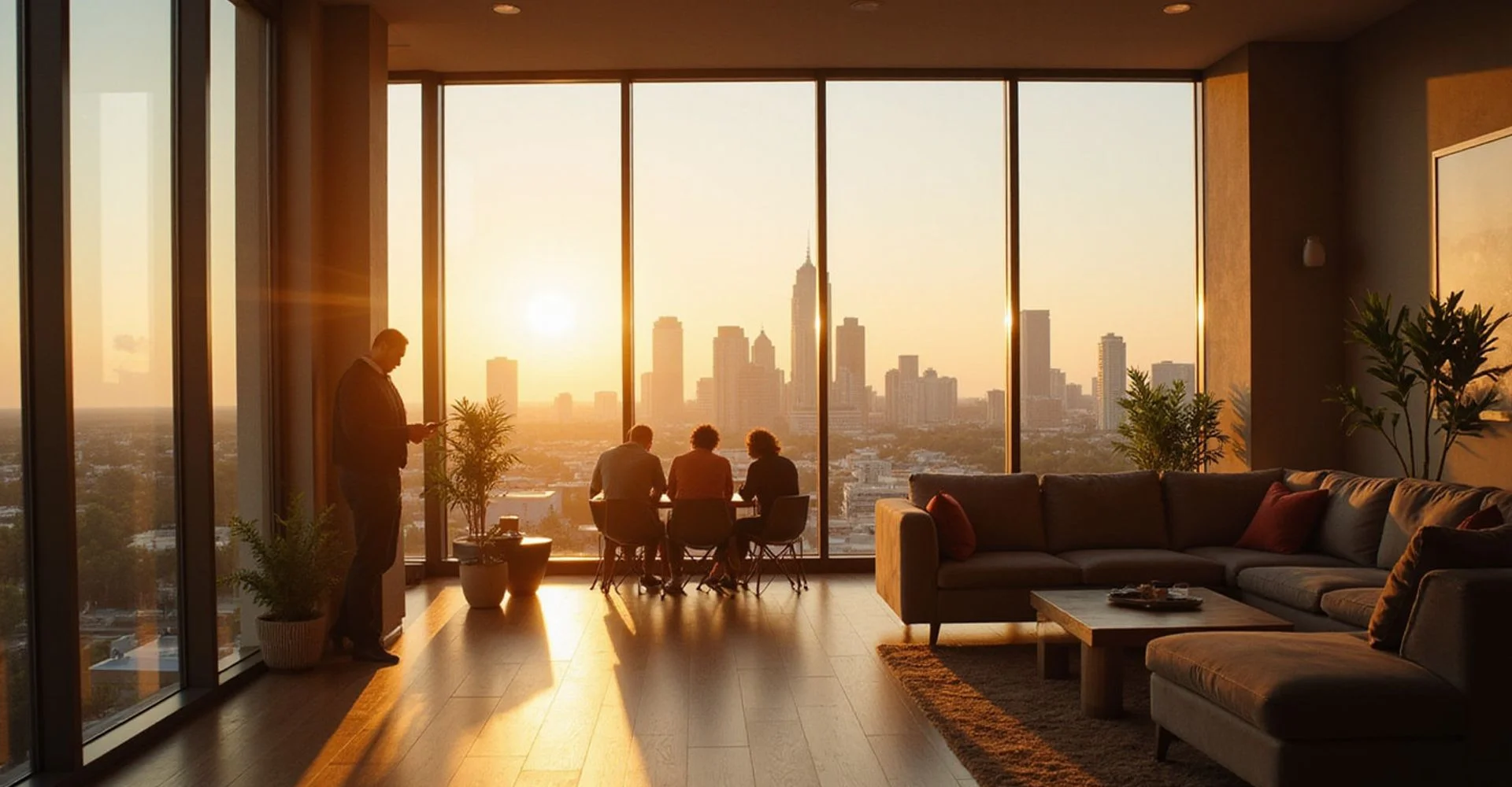 Houston high-rise apartment interior with skyline views at golden hour