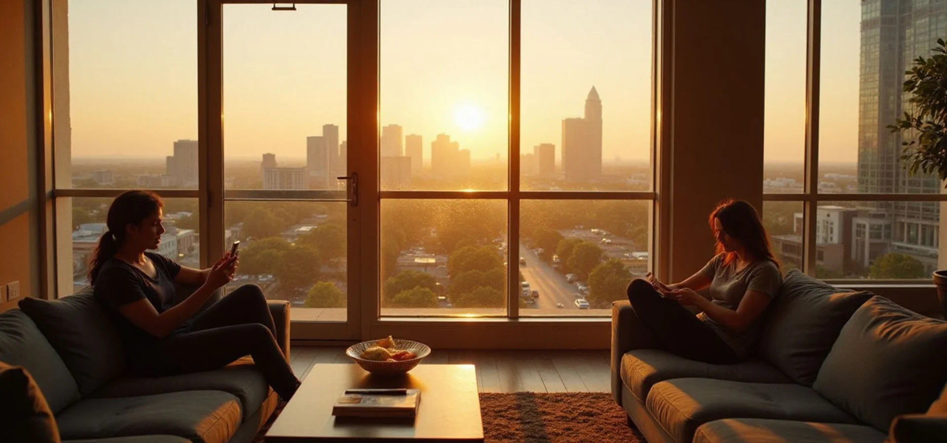 Houston skyline viewed through floor-to-ceiling apartment windows at golden hour