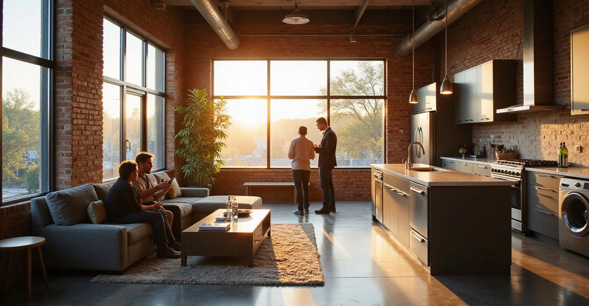 Industrial Houston loft interior with exposed brick and oversized windows