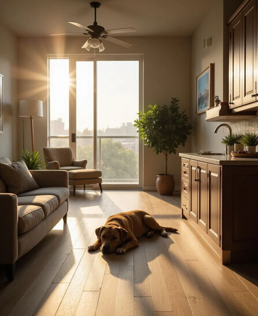 Large dog resting on vinyl plank floors in a sunlit apartment
