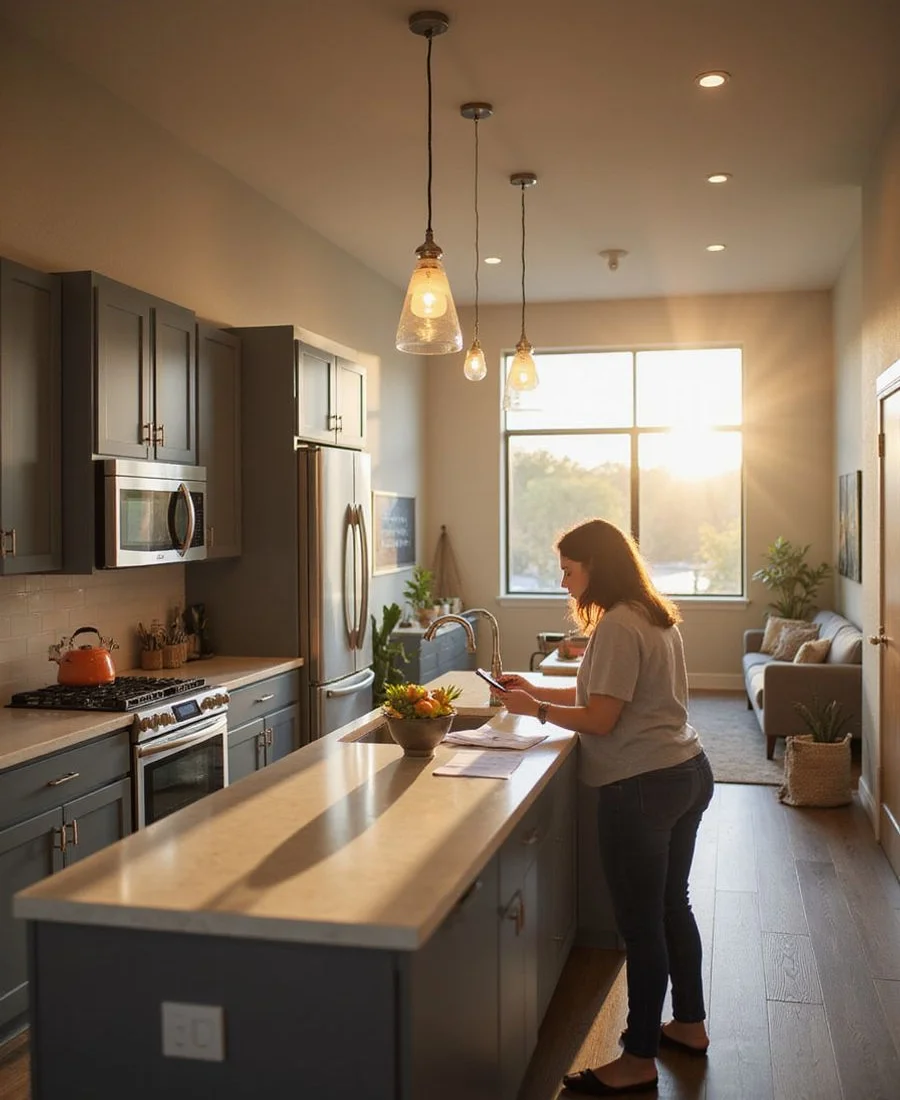 Licensed Houston apartment locator reviewing lease concession terms with a renter at a kitchen counter