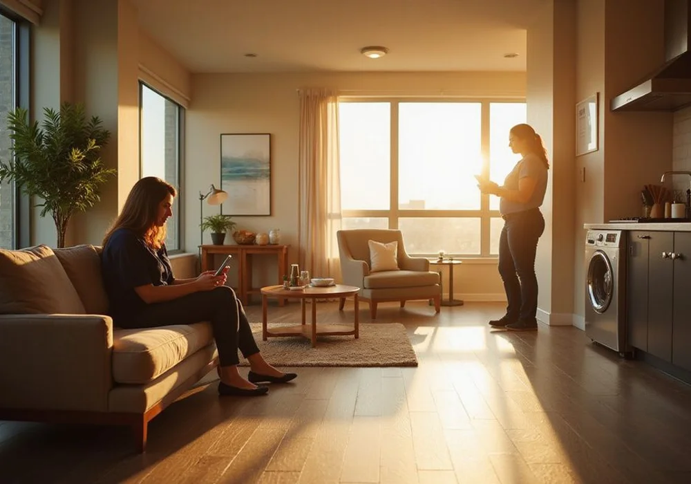 Locator touring a sunlit Houston apartment with a leasing agent in the background