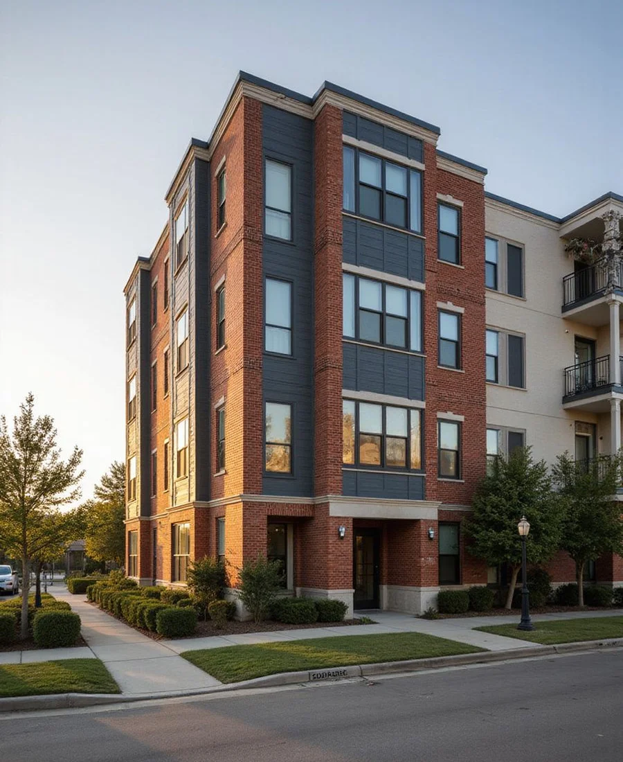 Mid-rise Houston apartment building exterior in warm afternoon light