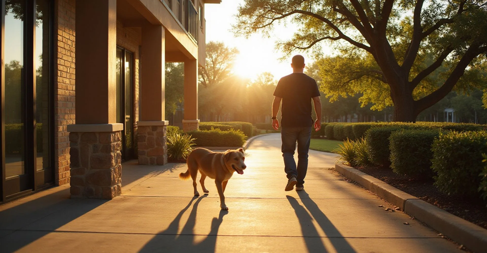 Owner walking a large dog outside a Houston apartment community