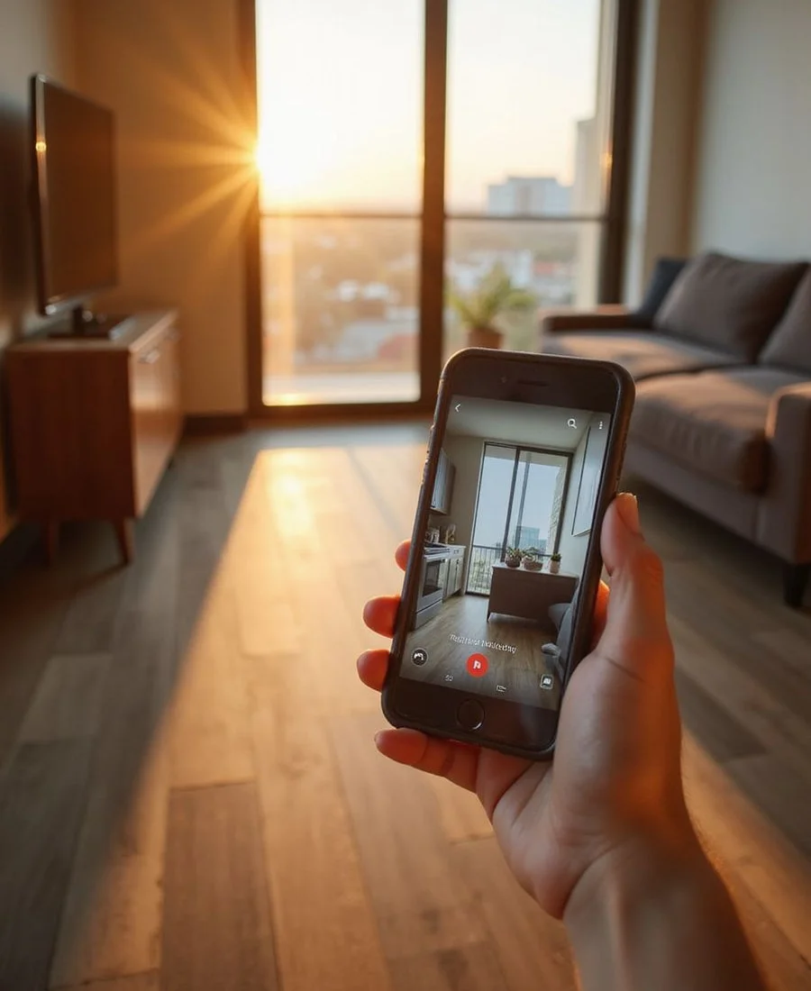 Phone showing a video walkthrough of a sunlit Houston apartment