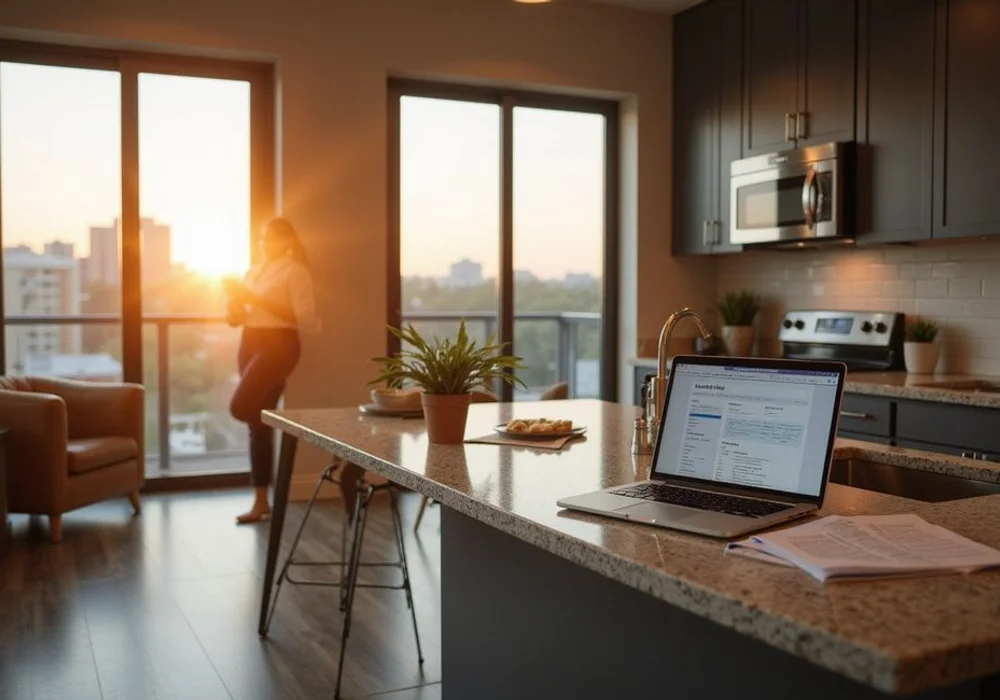 Lease documents and a laptop on a kitchen counter in warm Houston light