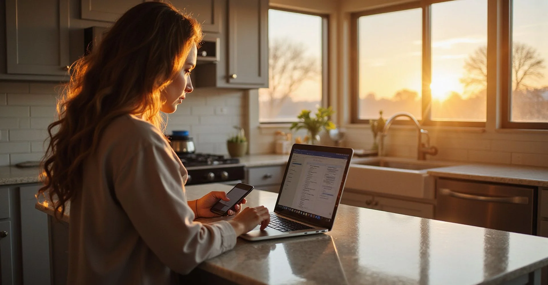 Houston renter reviewing a tenant screening report at a sunlit kitchen counter
