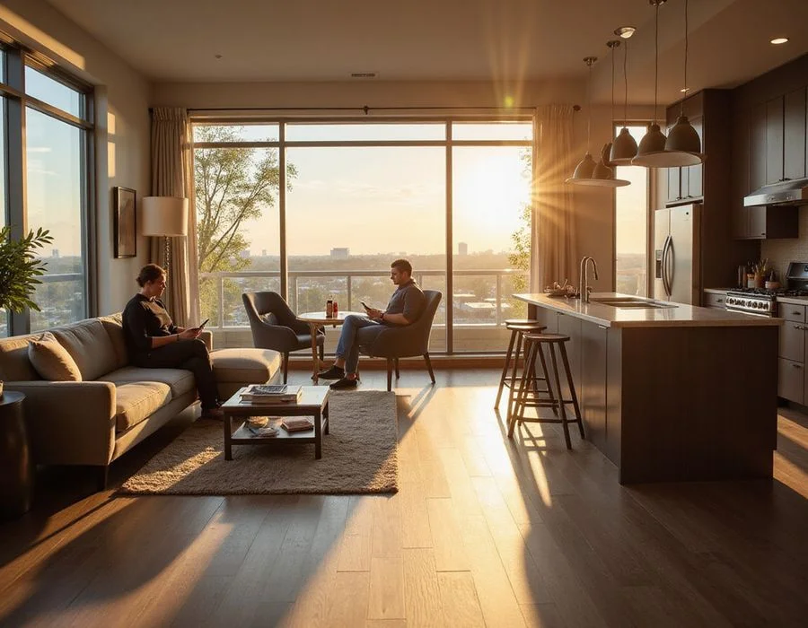 Sunlit modern Houston apartment interior with vinyl plank floors and nine-foot ceilings